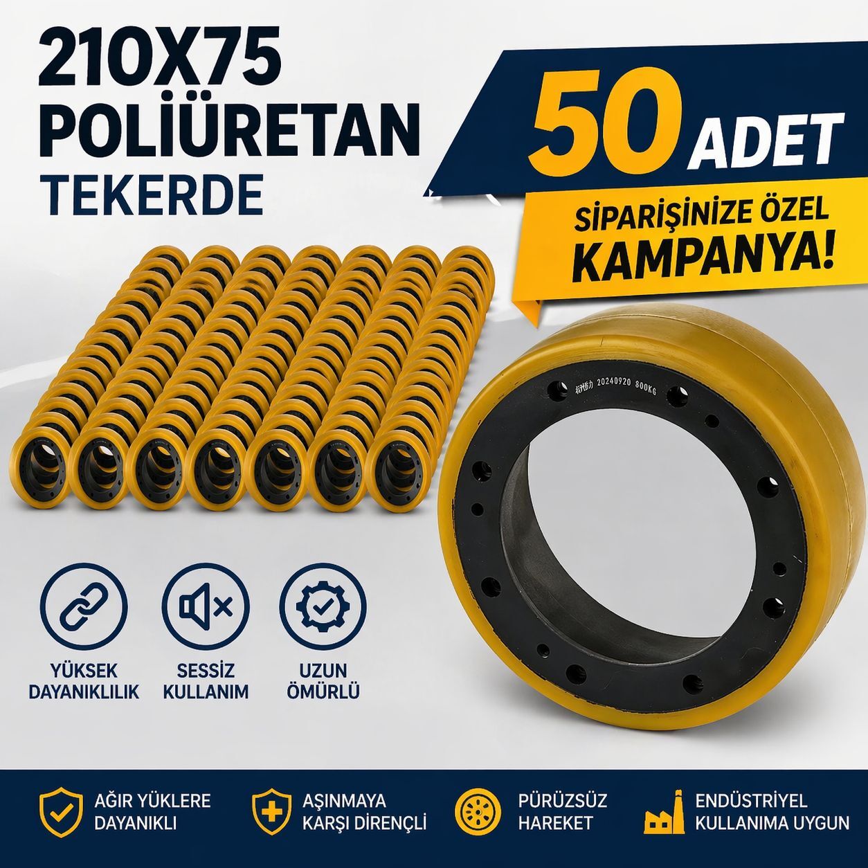 AKÜLÜ İSTİF TRANSPALET YÜRÜYÜŞ TEKER POLİÜRETAN 210X75MM  / 50 ADET ALIMA ÖZEL KAMPANYA